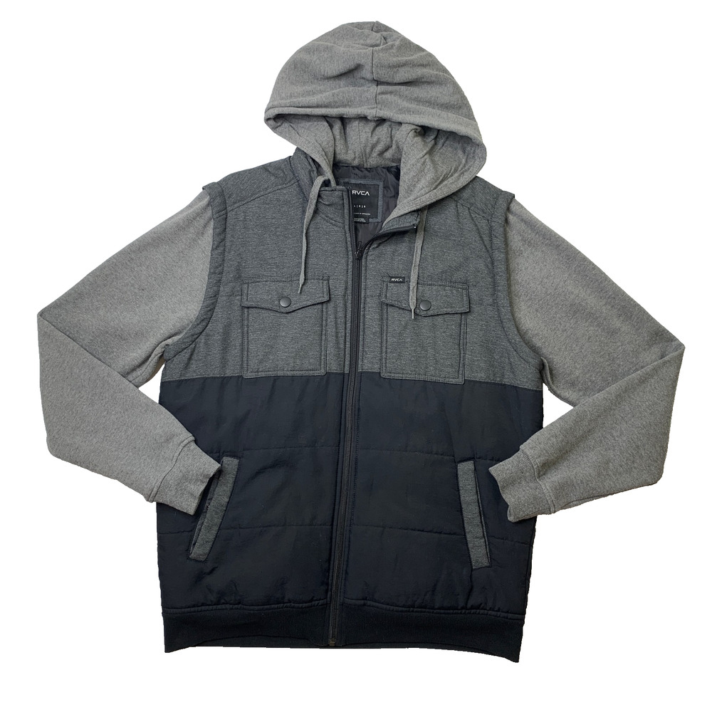 RVCA Jacket Mens L Large Gray Black Wayward Filled Insulated Nylon Blend Hooded